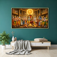 Royal Ram Darbar canvas painting in luxurious golden floater frame featuring the divine family of Ayodhya