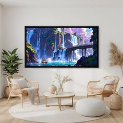 Dreamlike coastal waterfall landscape with crystal blue sea in elegant black floater frame