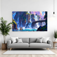 Serene waterfall flowing into a blue sea in an anime-inspired landscape in premium canvas wrapped frame