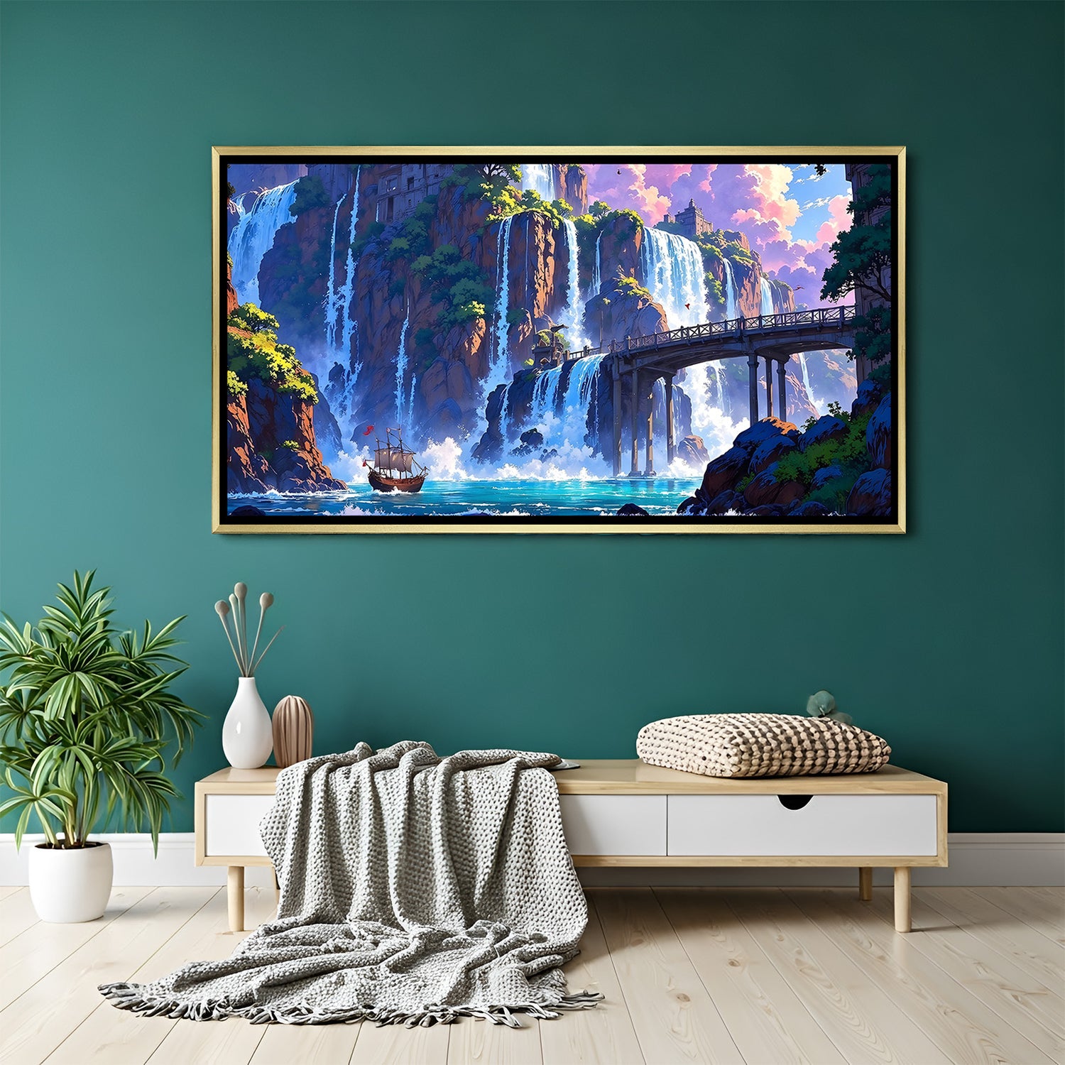 Fantasy-inspired waterfall painting flowing into a tranquil blue ocean in luxurious golden floater frame