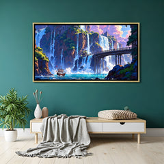 Fantasy-inspired waterfall painting flowing into a tranquil blue ocean in luxurious golden floater frame