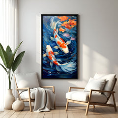 Vibrant orange and white koi fish wall artwork with deep blue aquatic background in elegant black floater frame