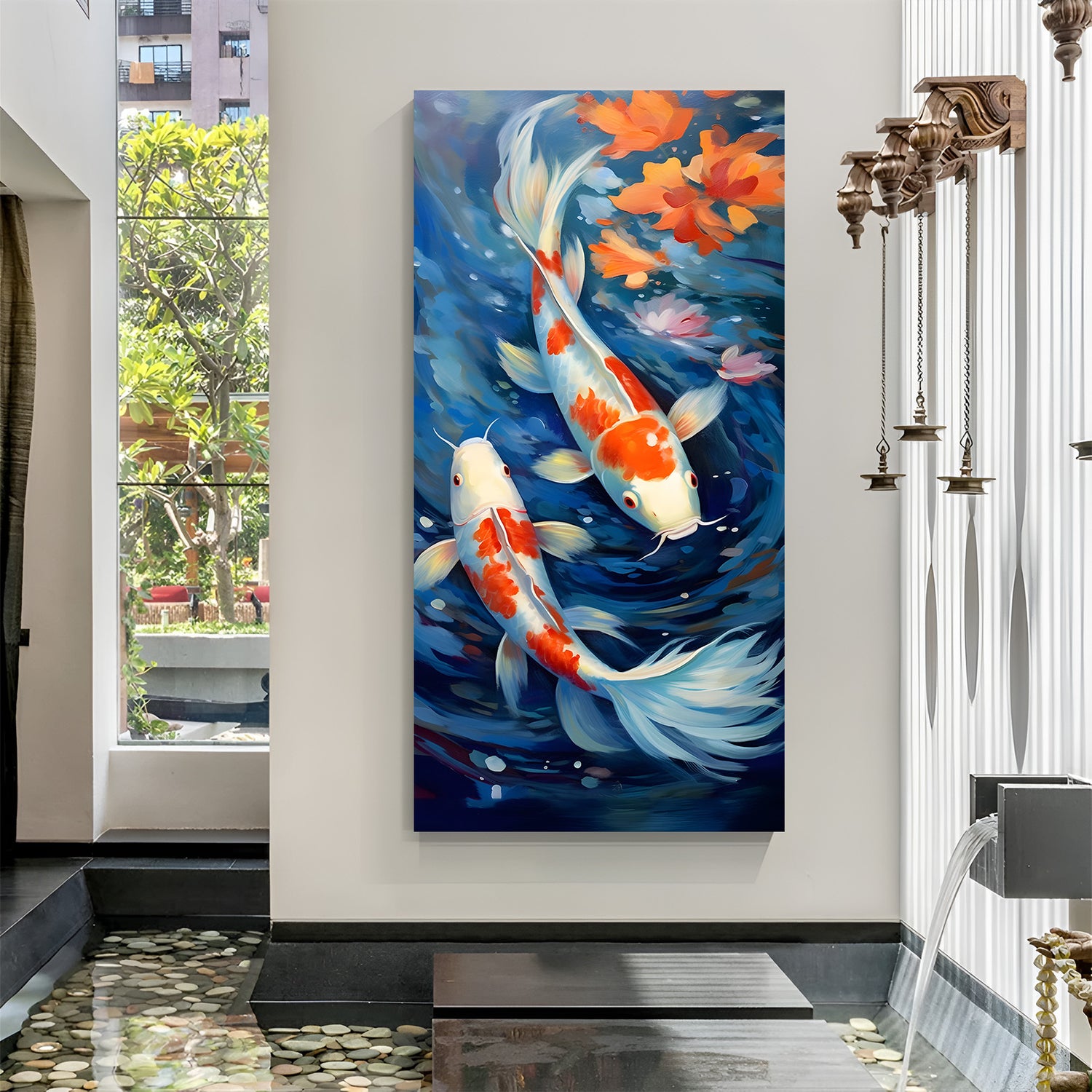 Orange and white koi fish swimming in deep blue water in premium canvas wrapped frame