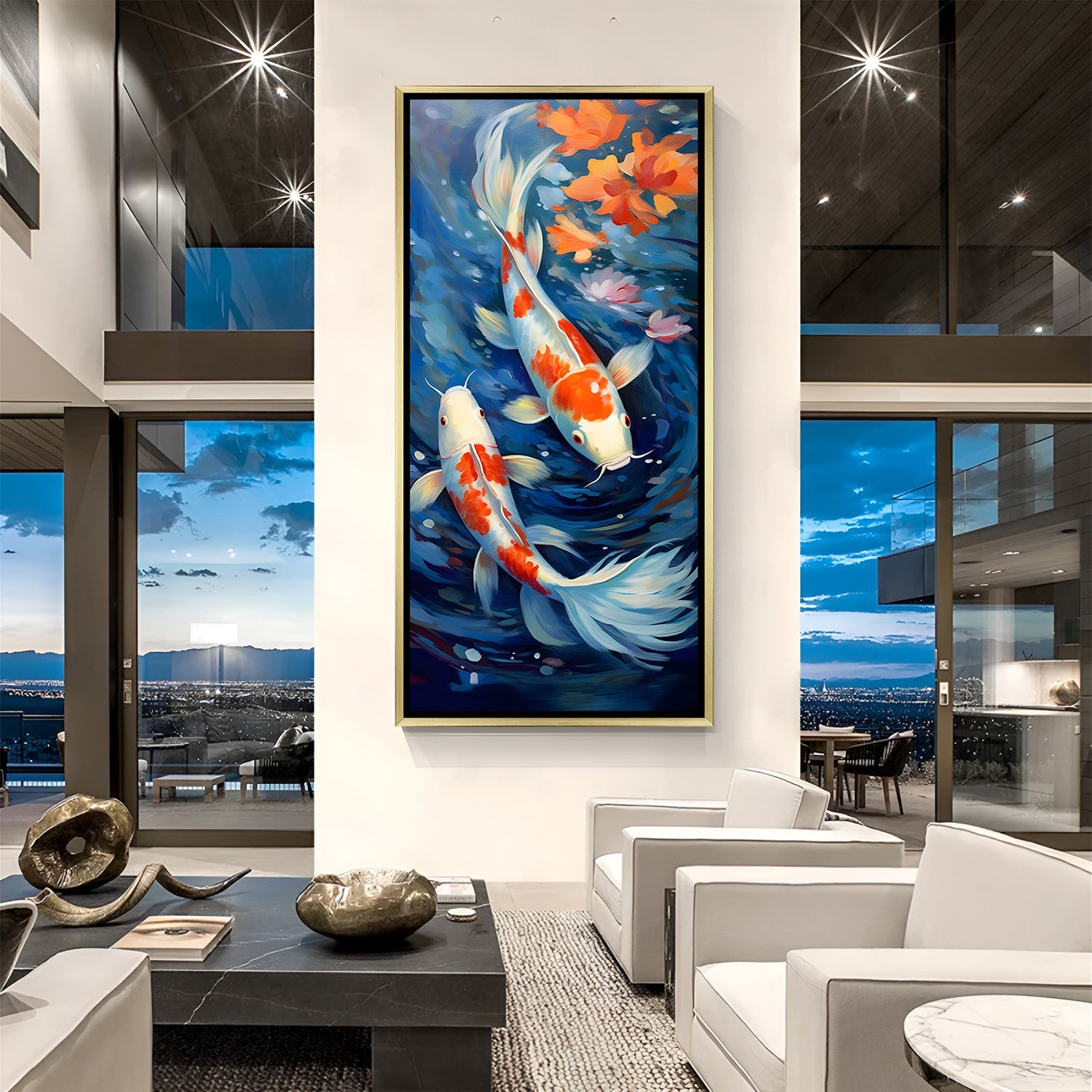 Azure Currents Koi Harmony artwork in luxury golden floater frame featuring colorful fish and rich blue waters
