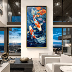 Azure Currents Koi Harmony artwork in luxury golden floater frame featuring colorful fish and rich blue waters