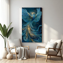 Vertical blue phoenix wall art with golden spark accents and flowing teal feather details.