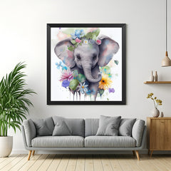 Cute baby elephant wall art in black floater frame, ideal for children's bedrooms or nurseries with joyful and gentle animal-inspired style