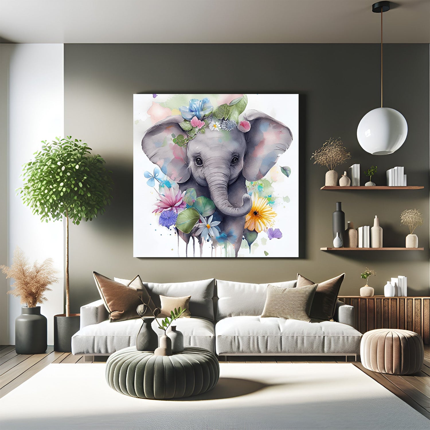 Adorable baby elephant canvas painting in soft tones, perfect for kids' rooms and nursery wall decor with a cute and playful animal theme