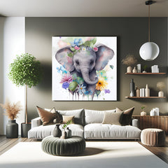 Adorable baby elephant canvas painting in soft tones, perfect for kids' rooms and nursery wall decor with a cute and playful animal theme