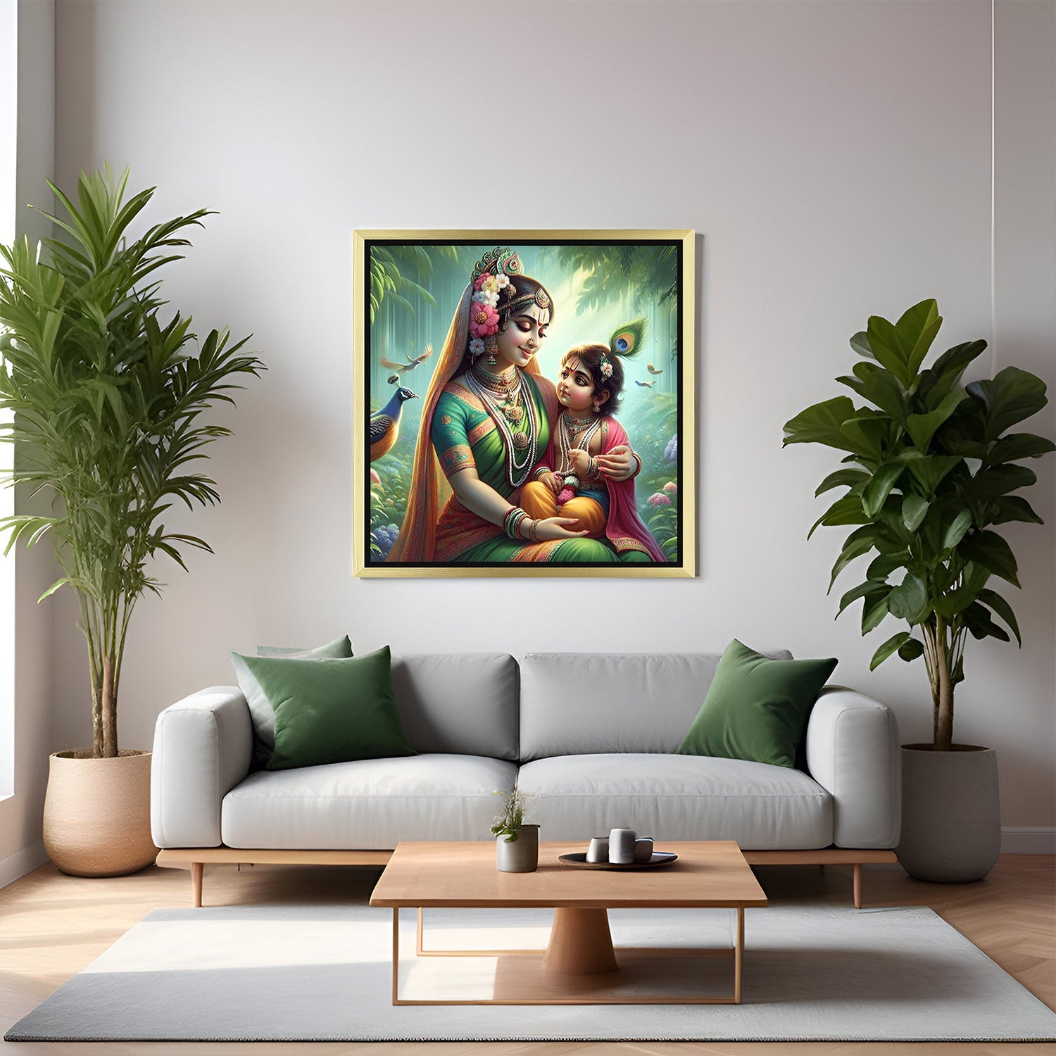 golden floater frame vastu canvas painting of baby krishna with maa yashoda to bring harmony emotional strength and spiritual energy