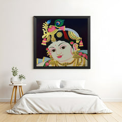 Black frame Bal Krishna Tanjore canvas painting featuring child form of Lord Krishna for devotional and cultural home interiors