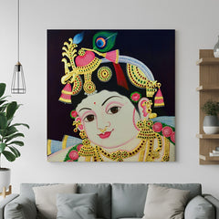 Bal Krishna Tanjore canvas painting showing child form of Lord Krishna in traditional South Indian style for spiritual home wall decor