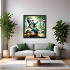 Bal Krishna Canvas Painting in black floater frame for Vastu-based home decor with spiritual charm and positive ambiance