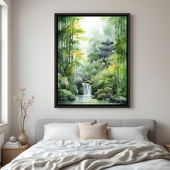 Peaceful pagoda landscape with cascading waterfall and bamboo forest in elegant black floater frame