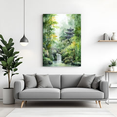 Traditional pagoda in a misty bamboo forest with a waterfall and bridge in premium canvas wrapped frame