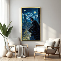 Batman wall art in luxury golden floater frame with Gotham city rooftop design