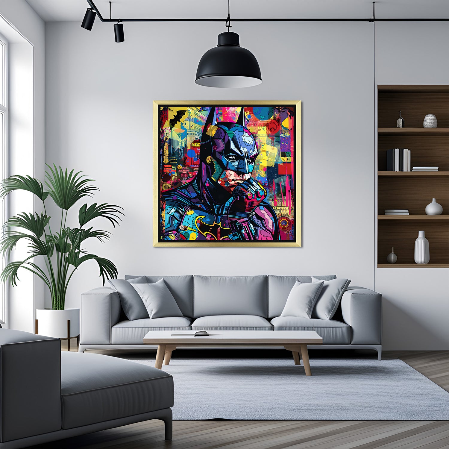 Golden frame canvas of Batman in expressive colorful strokes, ideal for stylish modern rooms with a superhero and comic book art twist