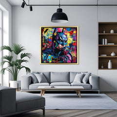 Golden frame canvas of Batman in expressive colorful strokes, ideal for stylish modern rooms with a superhero and comic book art twist