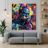 Batman reimagined in a colorful modern painted style, full of vibrant tones and bold brushwork—perfect superhero wall decor for striking interiors
