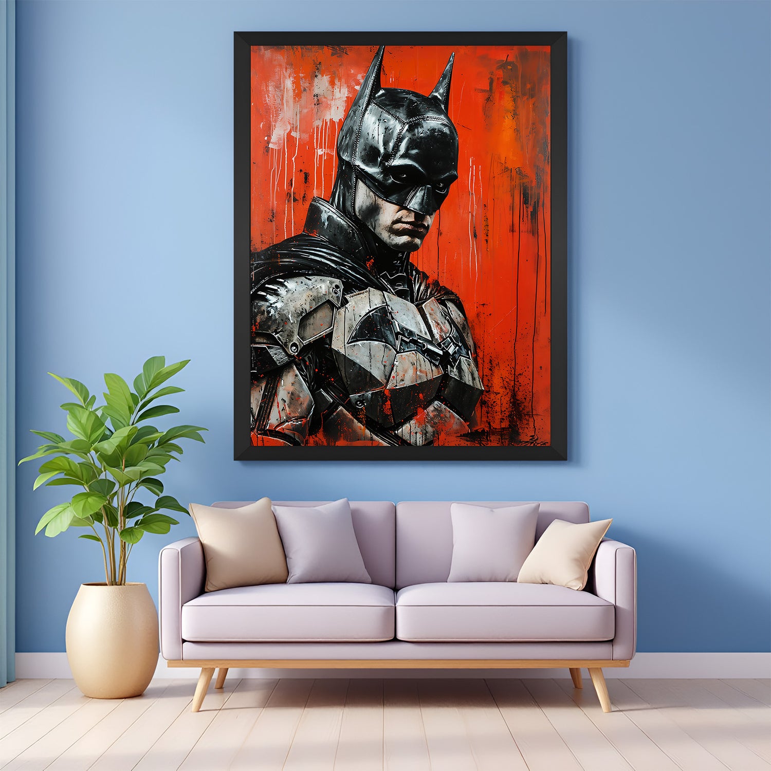 Batman modern art canvas in black floater frame, bold and moody wall decor for game rooms, media setups, and hero-themed interior spaces