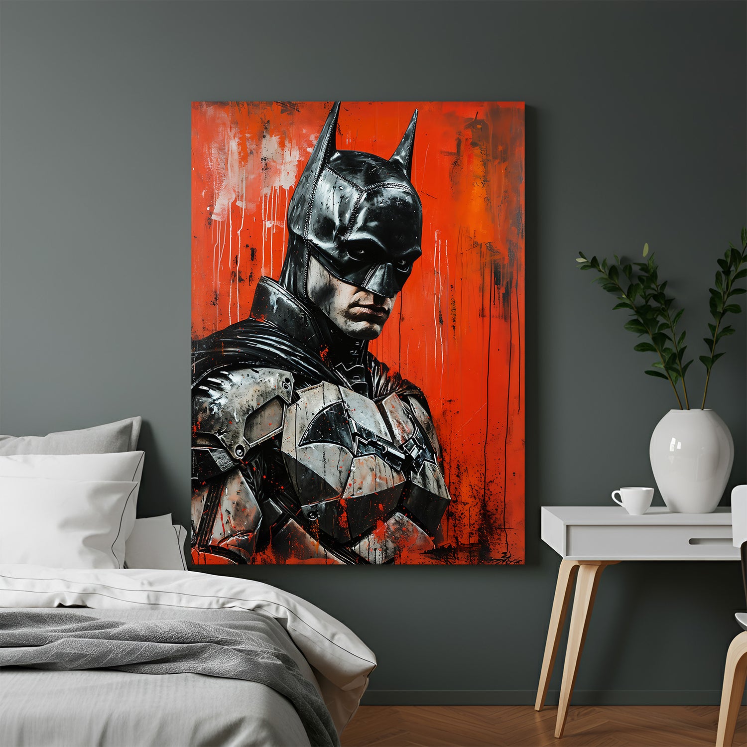 Modern canvas of Batman in dark, painted style—featuring strong shadows and heroic imagery, perfect for interiors with cinematic or comic-inspired wall art
