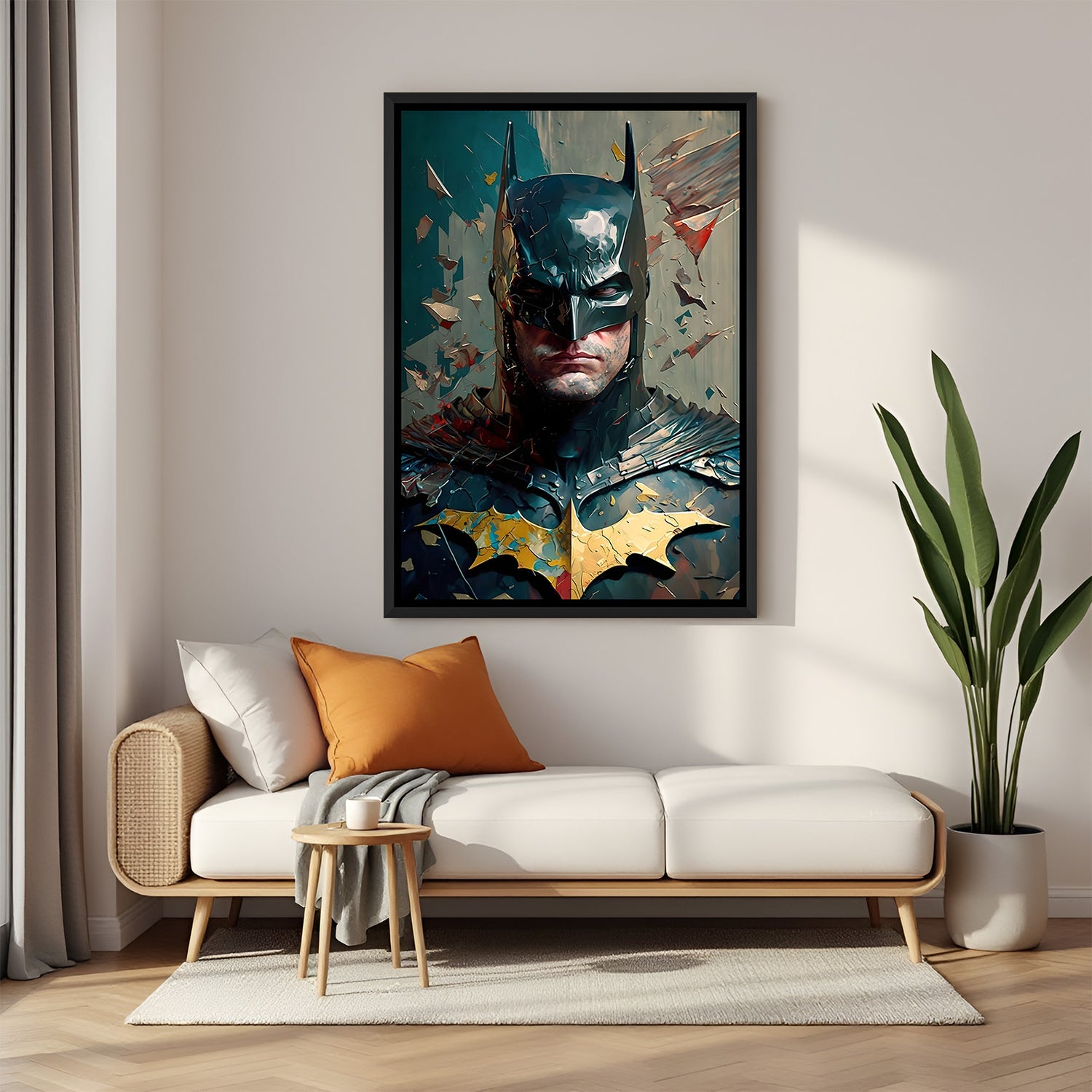 Batman Glitch Effect superhero canvas artwork in premium black floater frame