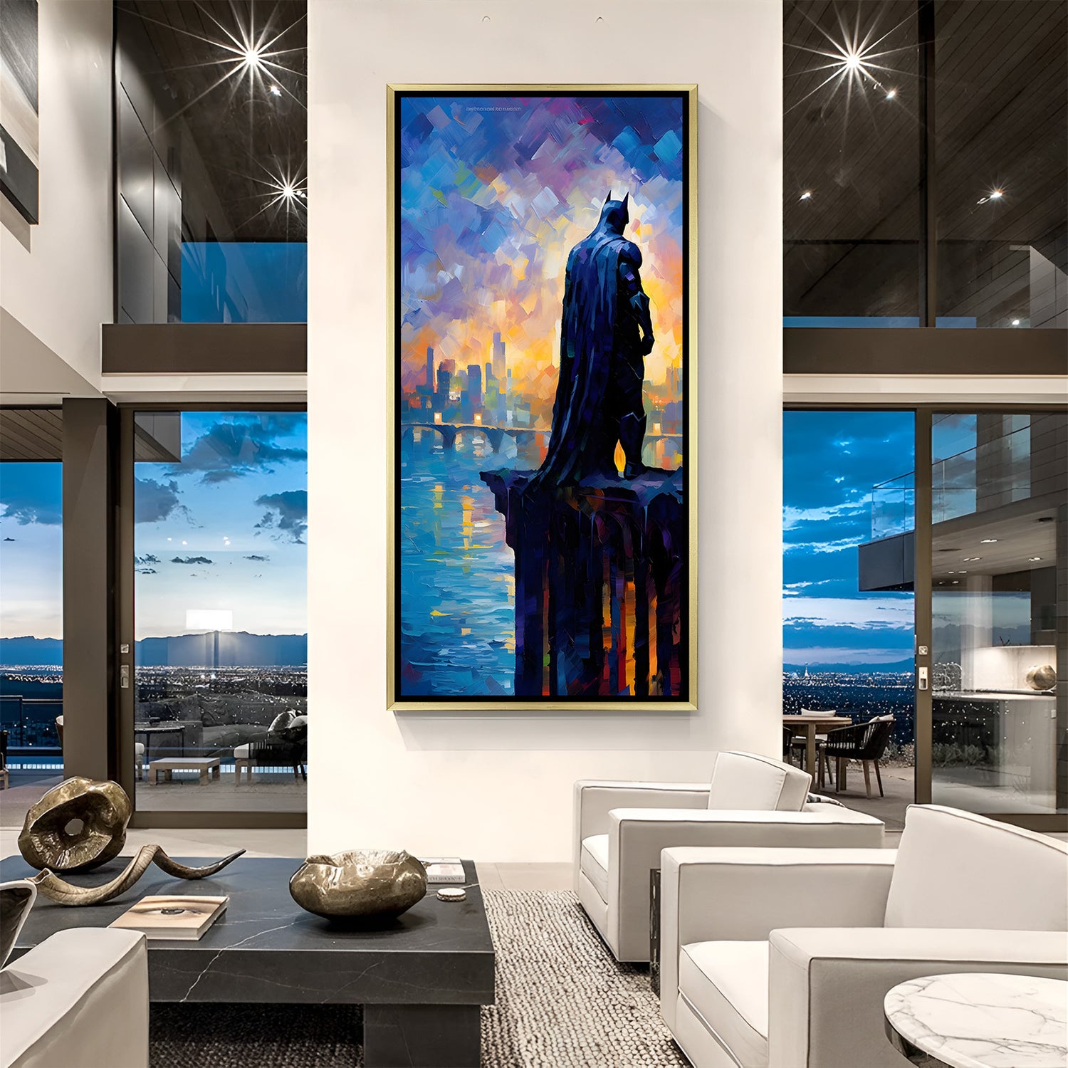 Batman Gotham Edge wall art in luxury golden floater frame with artistic Gotham design