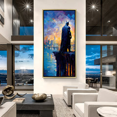Batman Gotham Edge wall art in luxury golden floater frame with artistic Gotham design