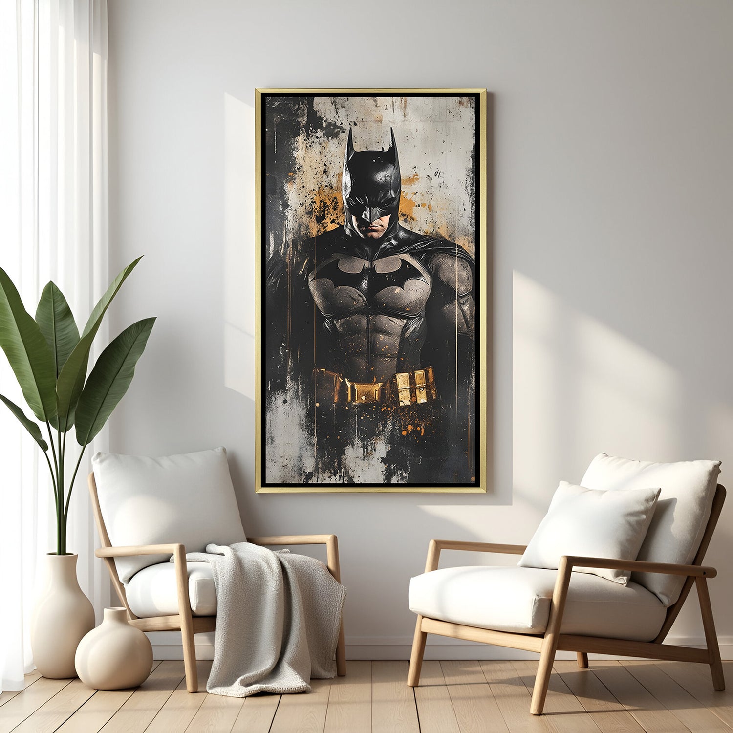 Batman wall art in luxury golden floater frame with grunge cinematic superhero design