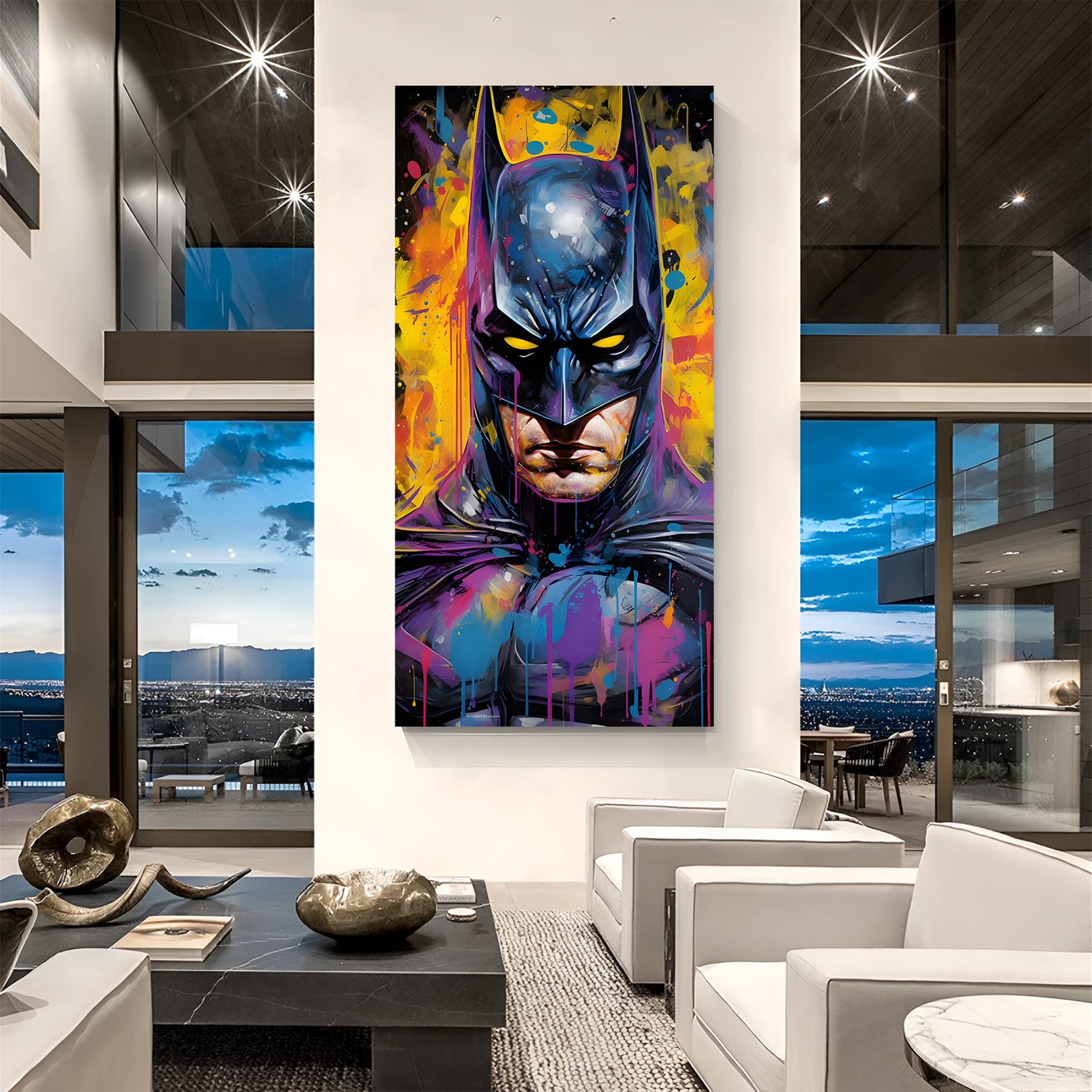 Batman Intense Close-Up canvas painting with dark superhero artwork in canvas wrapped frame