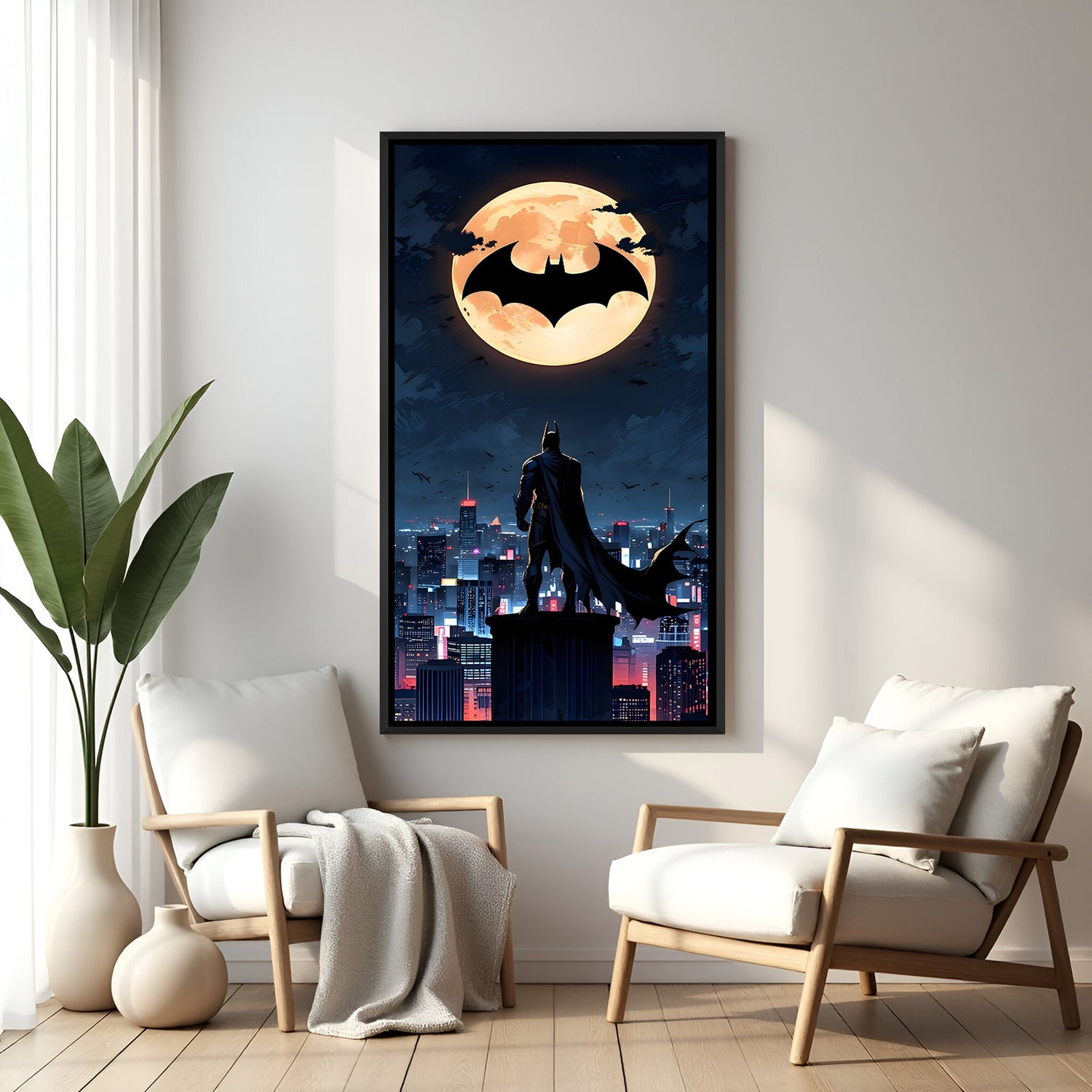 Batman Moon Guardian superhero canvas artwork in premium black floater frame