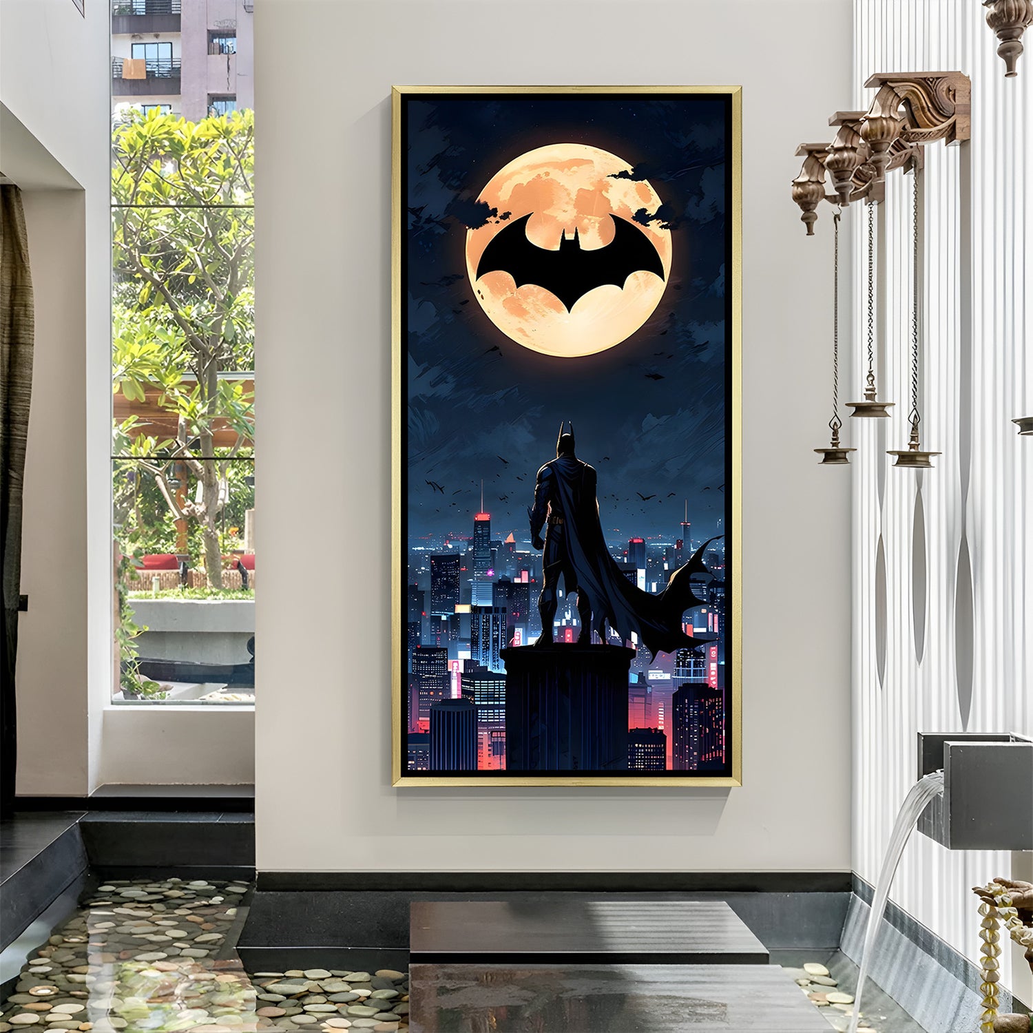 Batman wall art in luxury golden floater frame with moonlit Gotham superhero design
