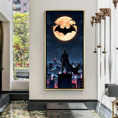 Batman wall art in luxury golden floater frame with moonlit Gotham superhero design