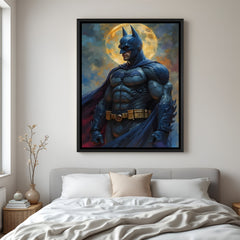 Batman standing under moonlight wall art in black floater frame with dark Gotham night sky