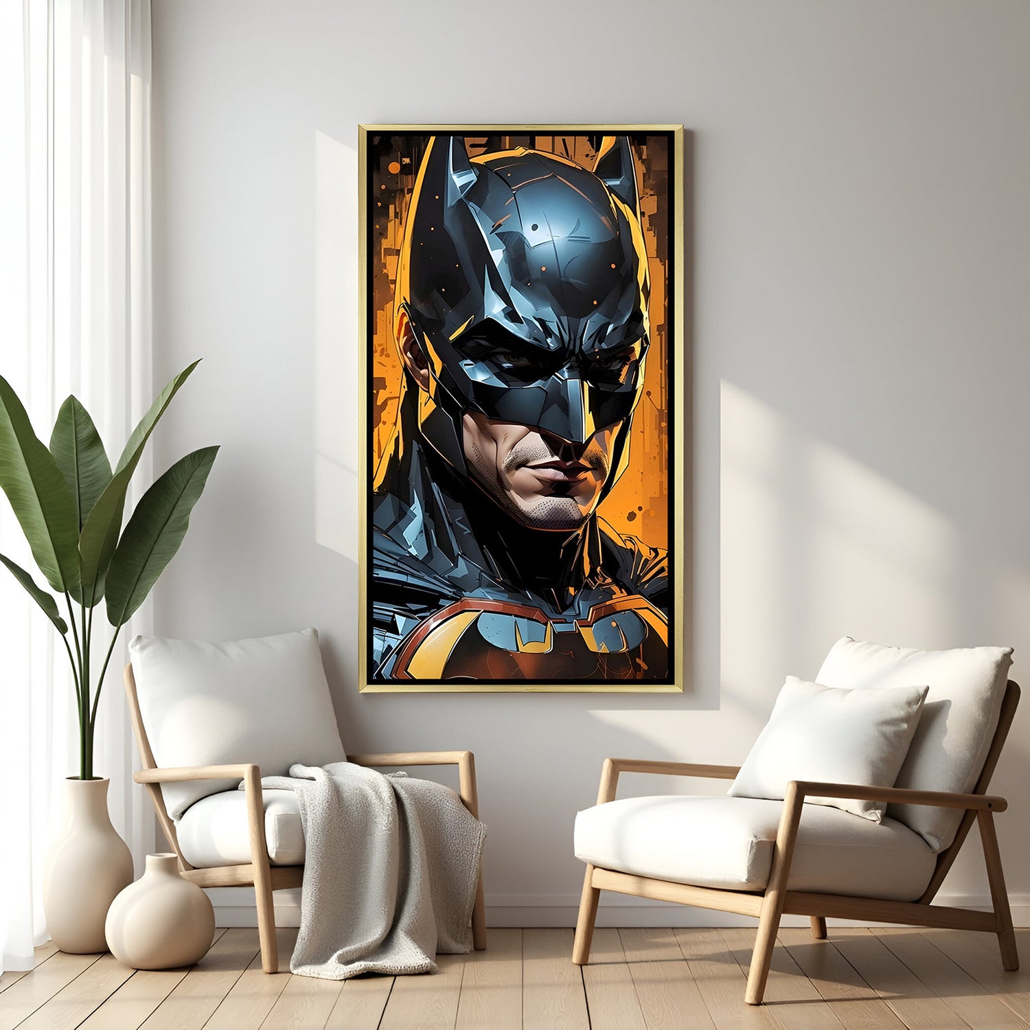 Batman wall art in luxury golden floater frame with glowing contrast superhero design