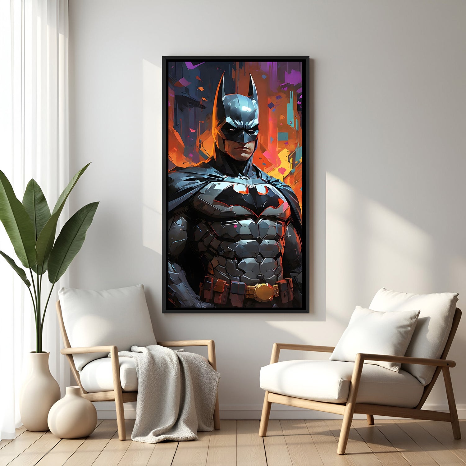 Batman Power Close-Up superhero canvas artwork in premium black floater frame