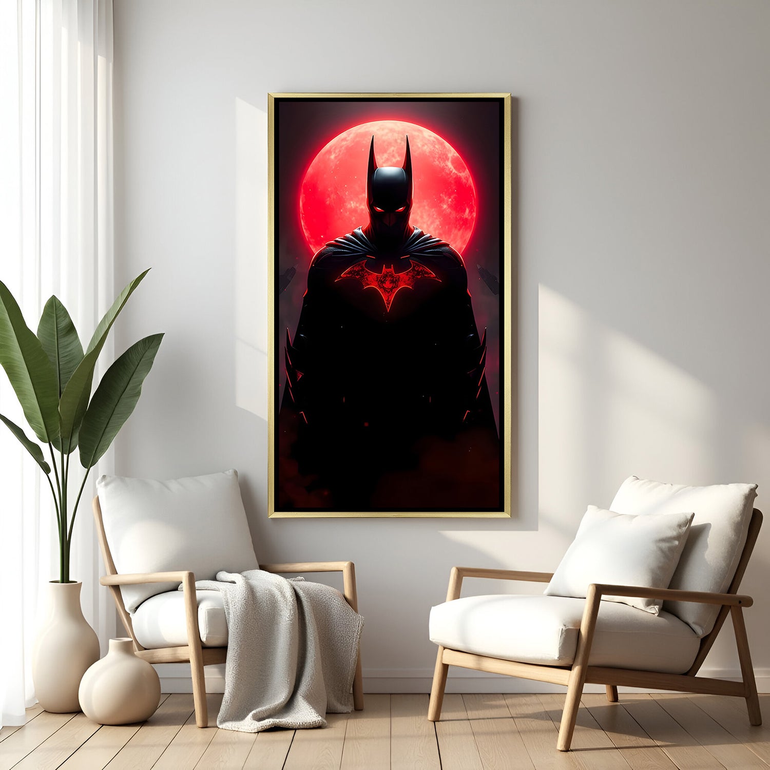 Batman wall art in luxury golden floater frame with red moon superhero design
