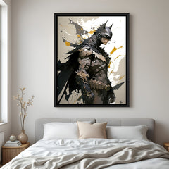 Batman emotional side pose wall art in black floater frame with dark moody Gotham atmosphere