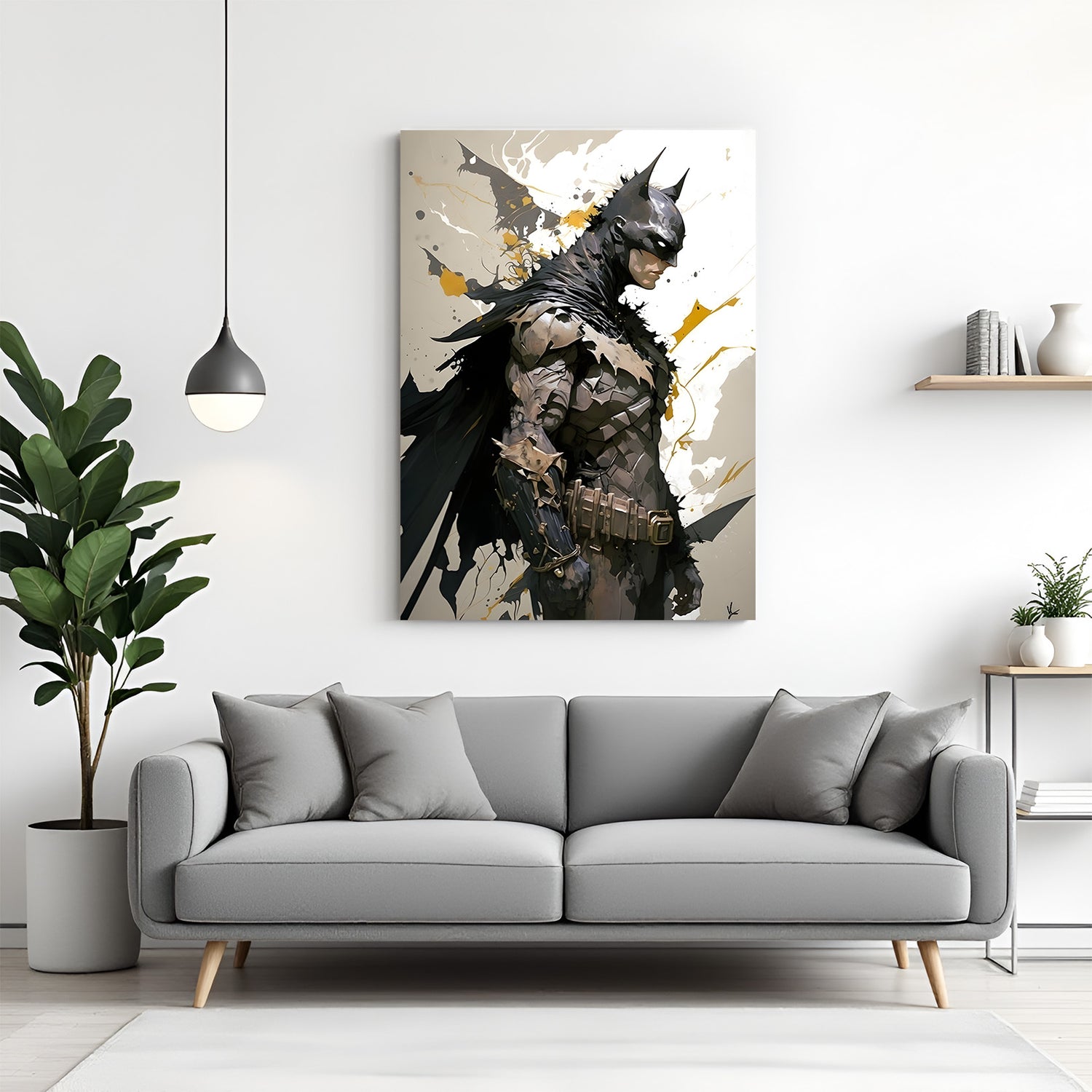 Batman sad side pose canvas wall art in wrapped frame with cinematic dark lighting and emotional tone