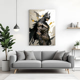 Batman sad side pose canvas wall art in wrapped frame with cinematic dark lighting and emotional tone