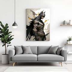 Batman sad side pose canvas wall art in wrapped frame with cinematic dark lighting and emotional tone
