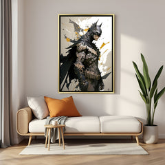 Batman sad cinematic artwork in premium golden floater frame with dramatic lighting and shadows