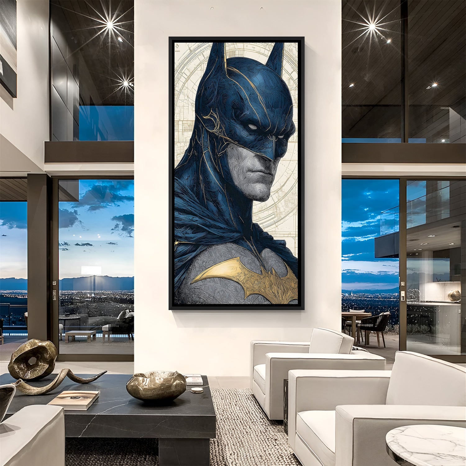 Batman Tactical Armor superhero canvas artwork in premium black floater frame