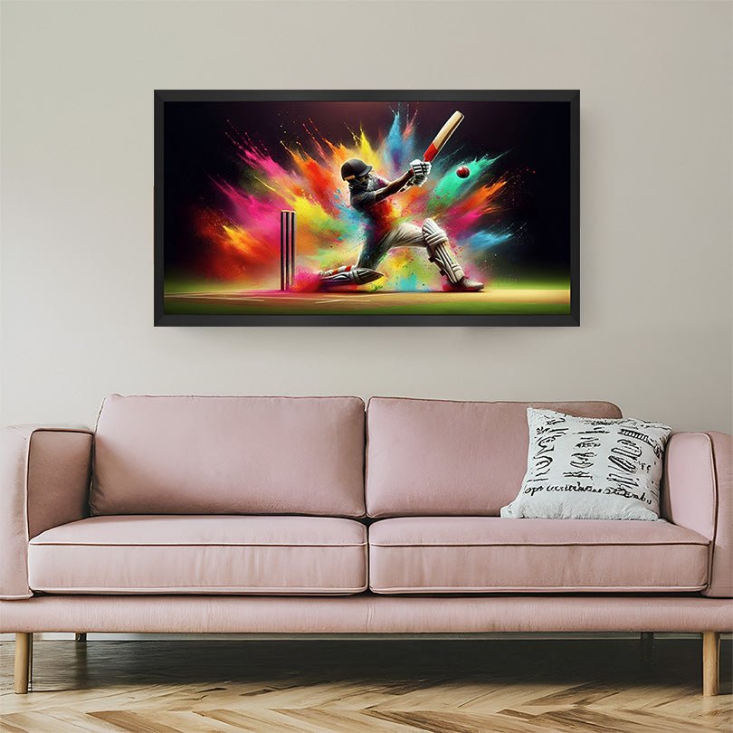 Black-framed canvas of batsman hitting six with color explosion—striking cricket wall art for modern interiors and sports-inspired spaces