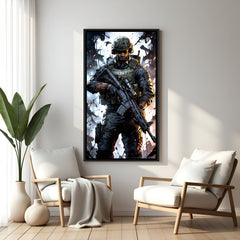 Battlefield Vanguard Soldier wall painting in black floater frame with tactical combat gaming artwork