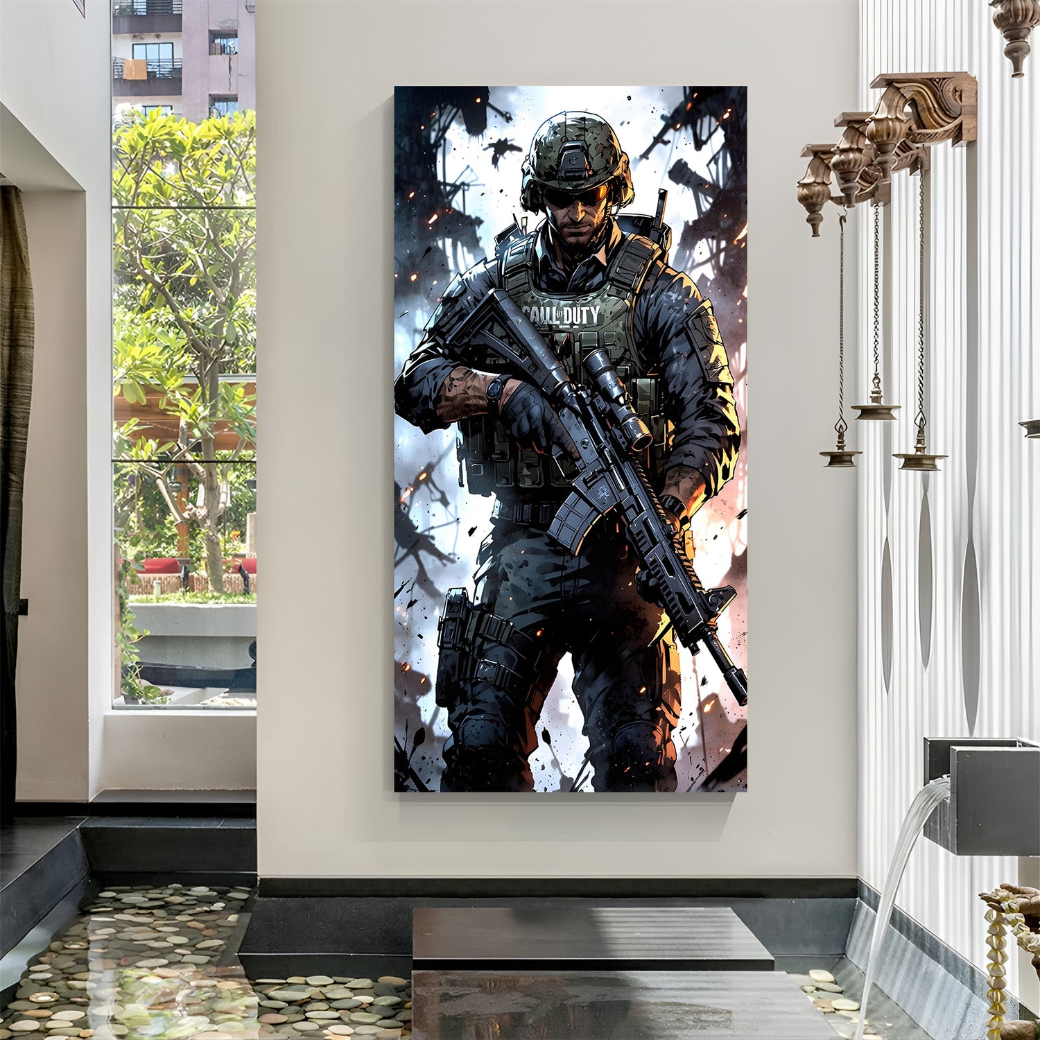 Battlefield Vanguard Soldier canvas wall art featuring armed military soldier in premium canvas wrapped frame