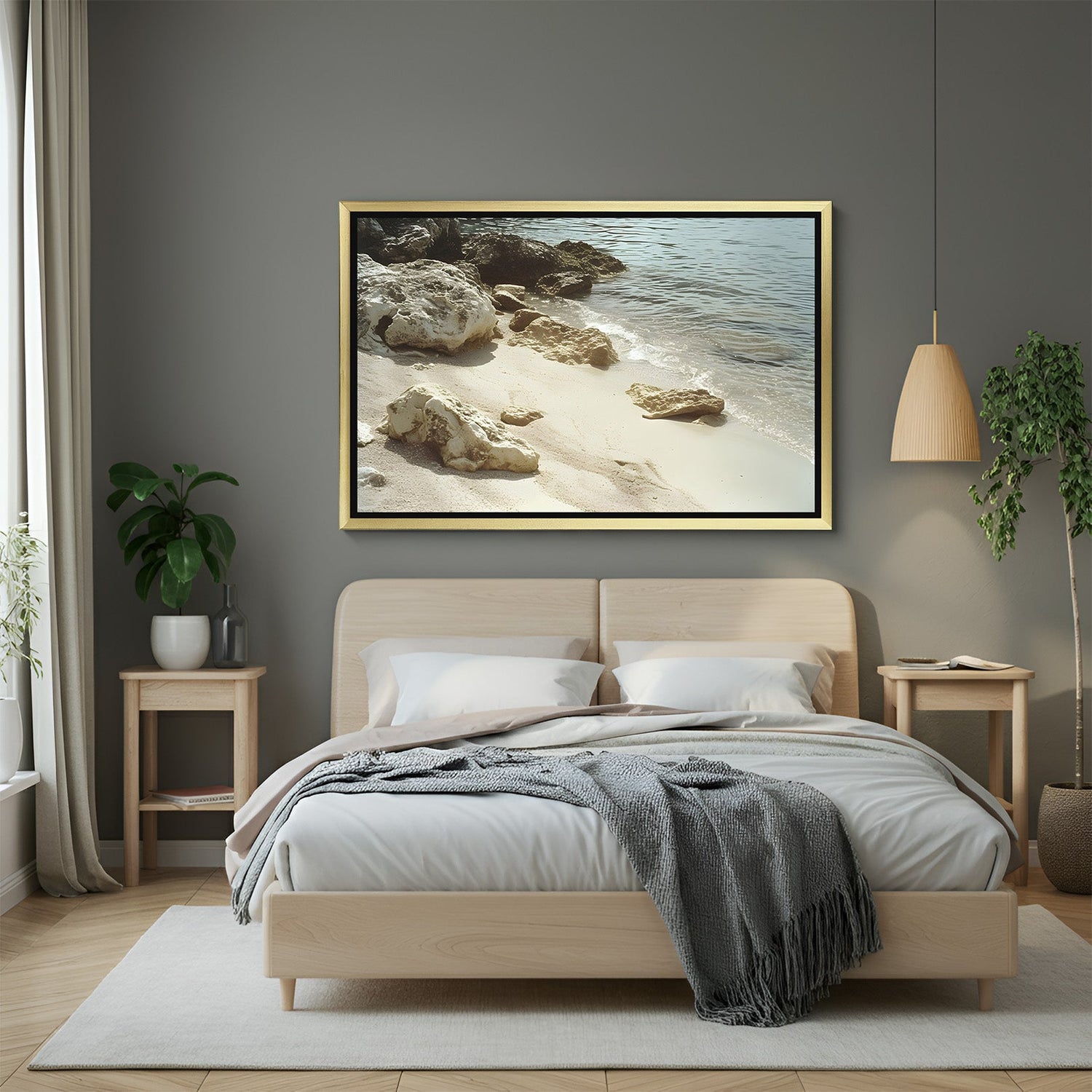 Ocean view canvas wall art with painted beach and sky, framed in a golden floater for bright and peaceful coastal-themed wall decoration