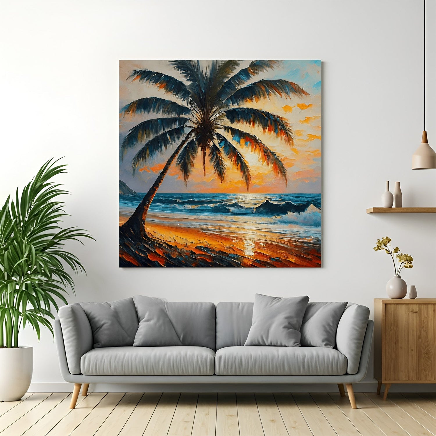 Beach view abstract wall art – painted canvas of ocean waves and one tree in modern artistic style