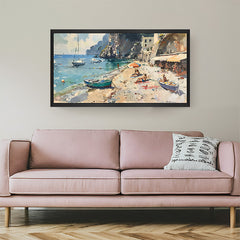 Black frame beach view canvas – abstract shoreline artwork in muted tones for peaceful and modern home wall decor