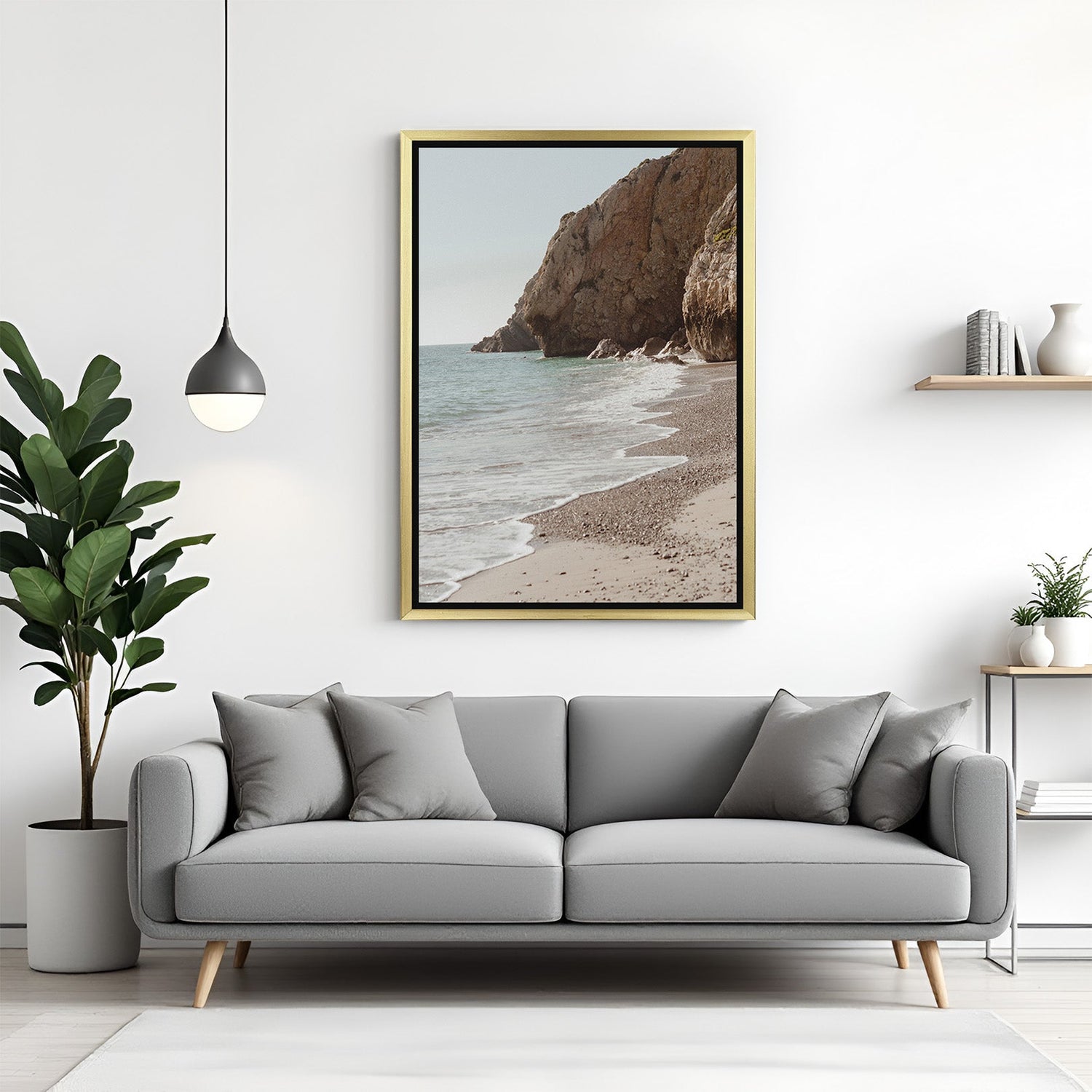 Serene beach view wall art in golden floater frame, blending ocean scenery with elegant styling for coastal and relaxing home decor